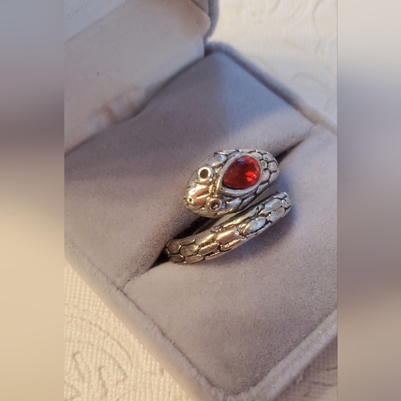 Silver Tone Snake Ring With Faux Ruby Serpant Wrap Around Size 7.5-8 - Picture 2 of 4